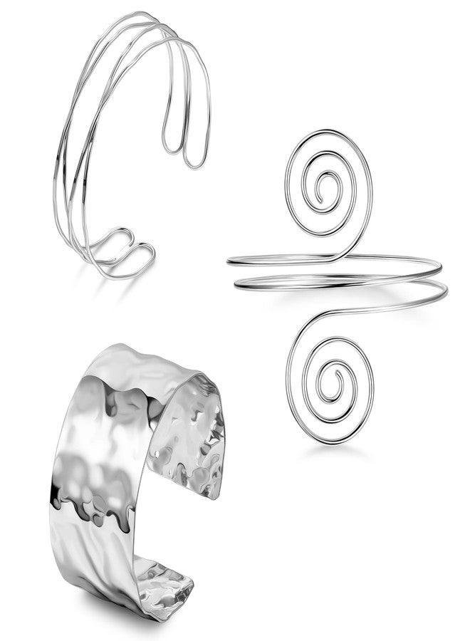 LOREMOW 3Pcs Upper Arm Cuff for Women Adjustable Open Chunky Cuff Bracelets Set Gold Irregular Boho Coil Arm Cuff Bangle Silver C - Image 1